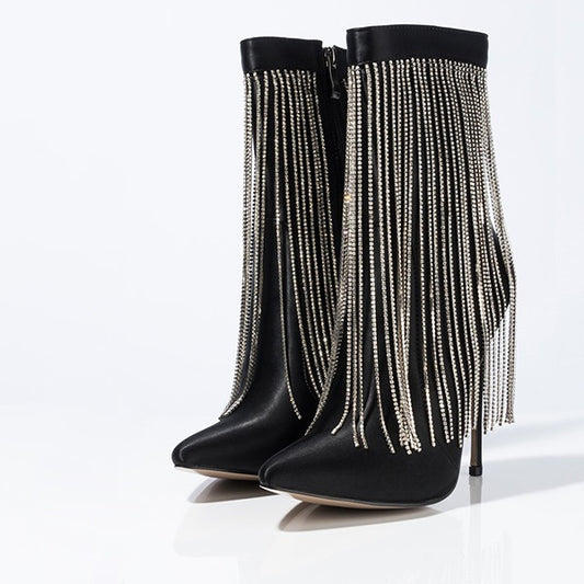 Black Satin Chains Fringe Stiletto Heel Ankle Boots