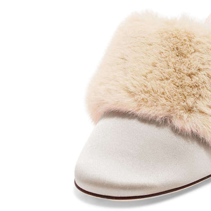 Beige Satin Round Toe Chunky Heel Faux Fur Embellished Mules Shoes