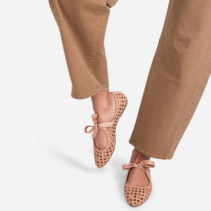 Tan Vegan Leather Cut-Out Closed-Toe Woven Flat Shoes Women