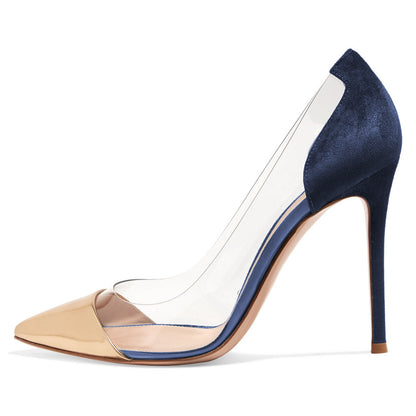 Women's Gold and Navy Pointed Toe Transparent Pumps Heels