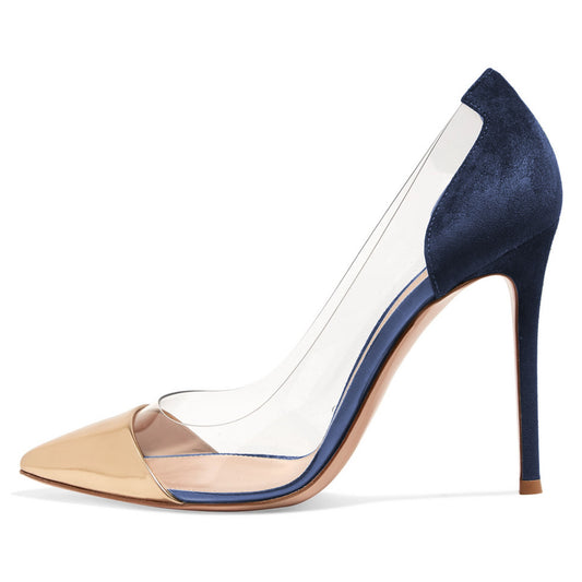 Women's Gold and Navy Pointed Toe Transparent Pumps Heels