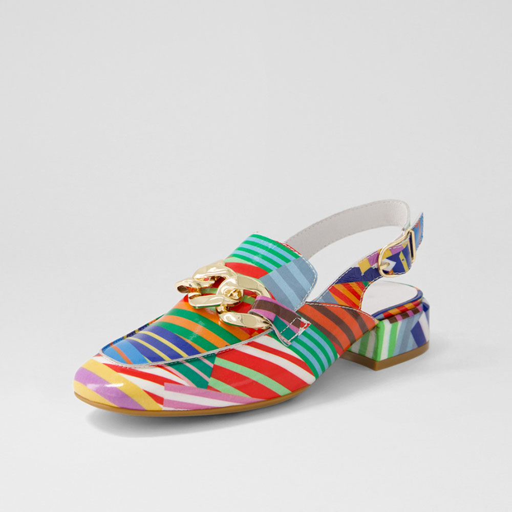 Multicolor Patent Leather Stripe Chain Slingback Heeled Loafers