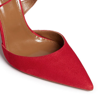Red Pointed Toe Crisscross Straps Rear Lace Up Pumps Heels for Women