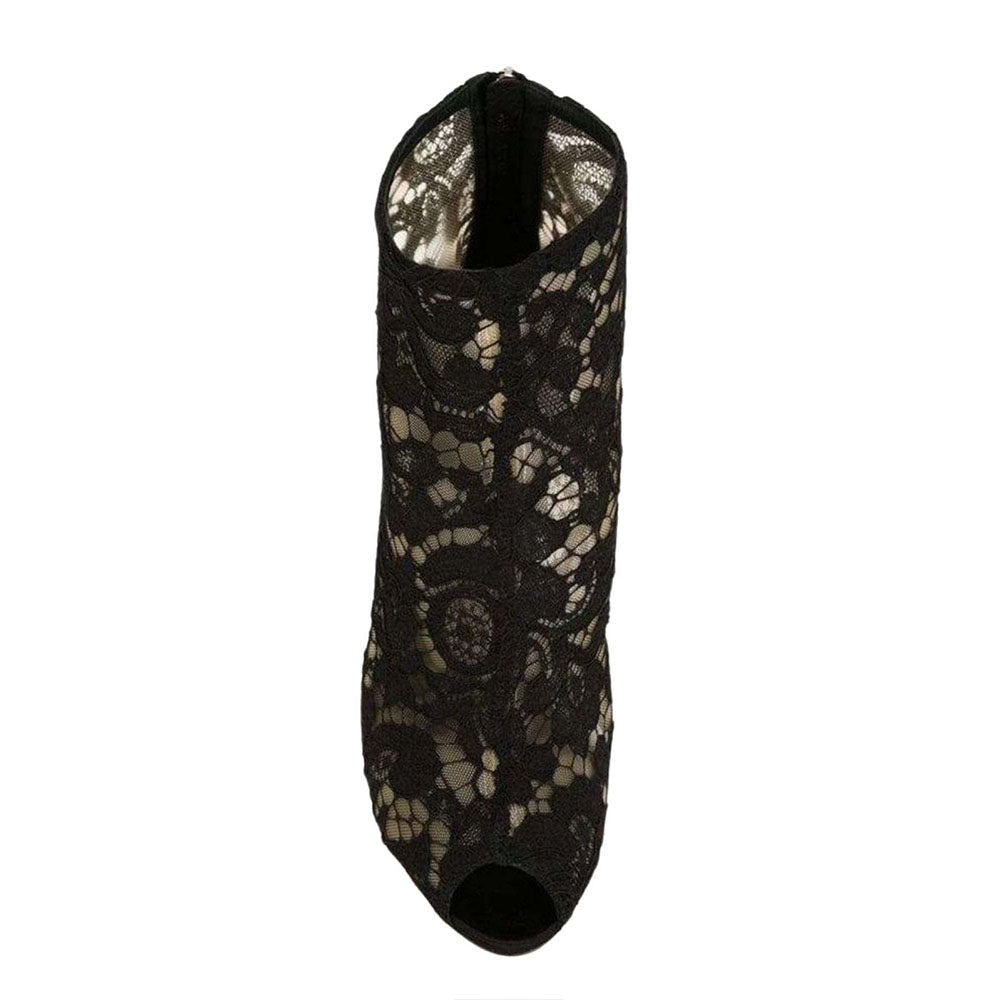 Black Floral Lace Peep Toe Booties Elegant Stiletto Heel Ankle Boots