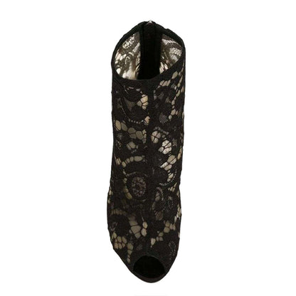 Black Floral Lace Peep Toe Booties Elegant Stiletto Heel Ankle Boots