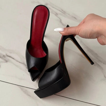 Women's Pointed Peep Toe Fashion Mules Black Platform Heel Shoes