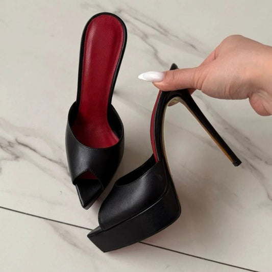 Women's Pointed Peep Toe Fashion Mules Black Platform Heel Shoes