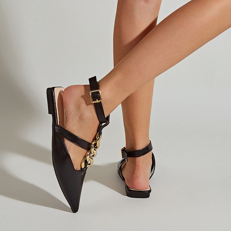 Women's Chain Embellished T Strap Pointed Toe Flats in Black