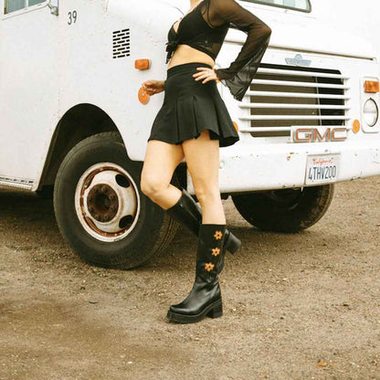 Black Square Toe Flower Inlay Chunky Heel Platform Mid Calf Boots