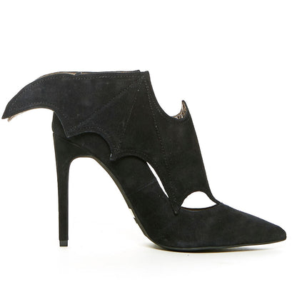 Black Bat Vegan Suede Stiletto Heels Pointed Toe Pumps for Halloween