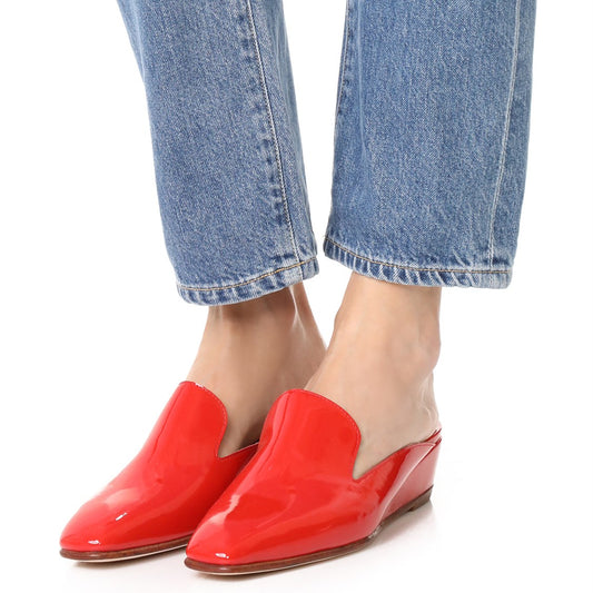 Red Patent Leather Square Toe Wedge Heels Mule Loafers for Women