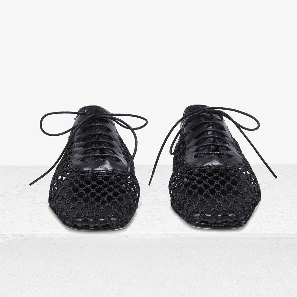 Black Mesh Square Toe Lace-Up Shoes Casual Flats for Women