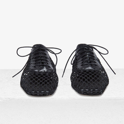 Black Mesh Square Toe Lace-Up Shoes Casual Flats for Women