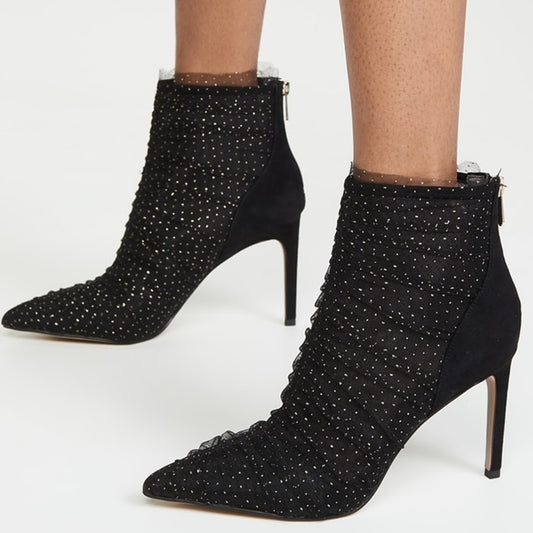 Black Mesh Ruched Pointed Toe Stiletto Heel Ankle Boots for Women