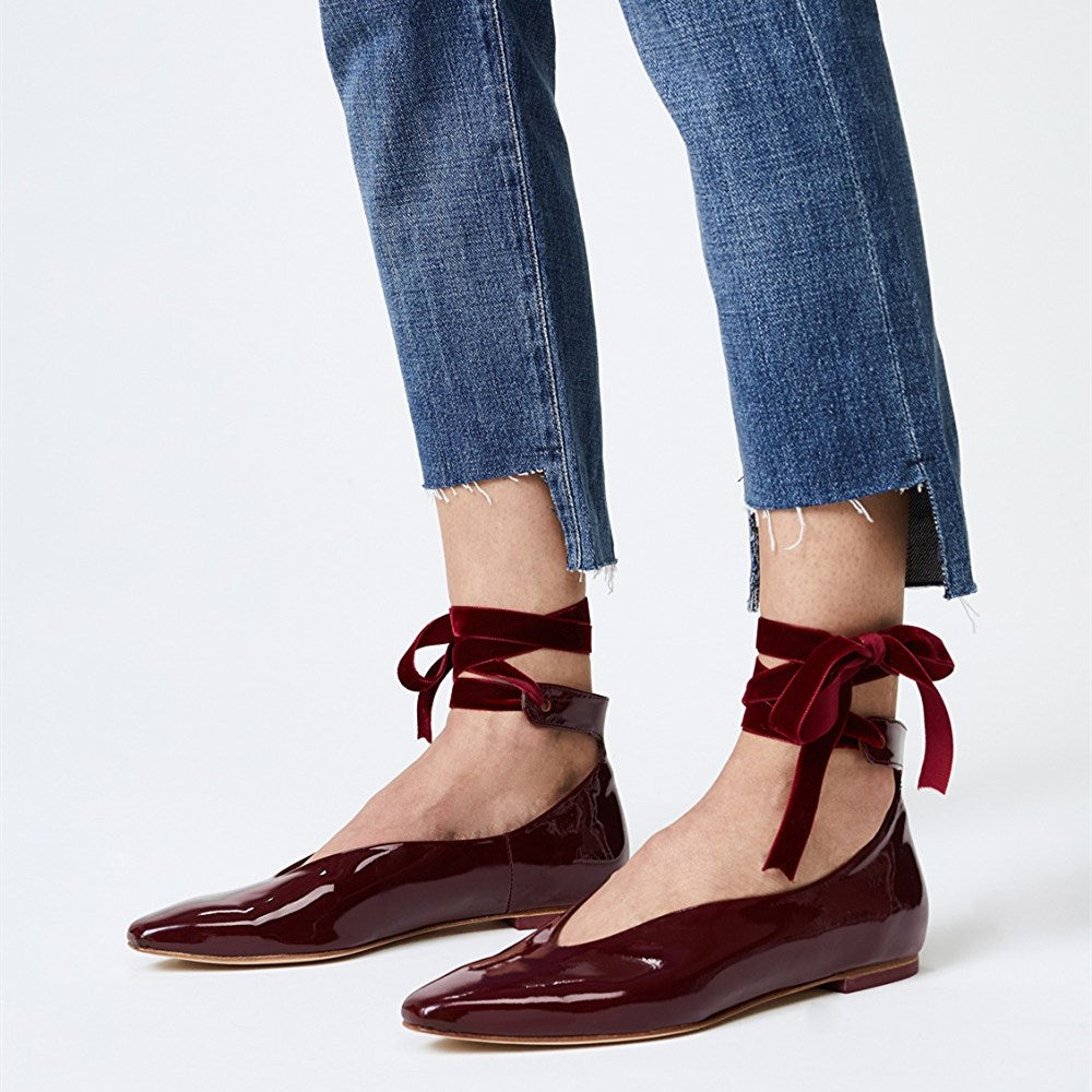 Burgundy Patent Leather Comfy Velvet Strap Lace Up Flats