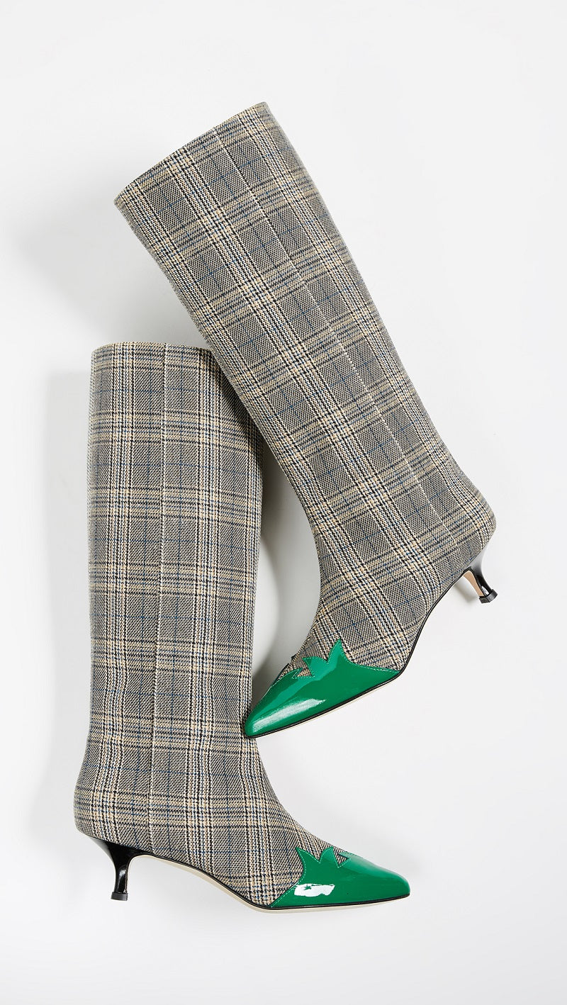 Grey Plaid Fabric Kitten Heel Green Pointy Toe Mid Calf Boots