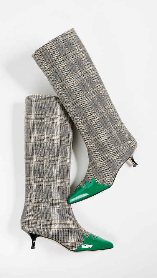 Grey Plaid Fabric Kitten Heel Green Pointy Toe Mid Calf Boots
