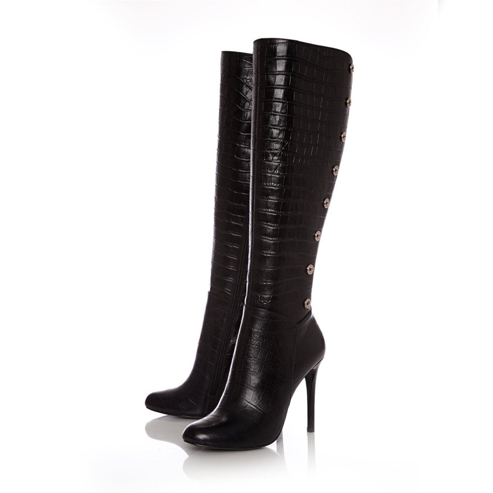 Black Croco Vegan Leather Long Boots Metal Button Knee High Boots