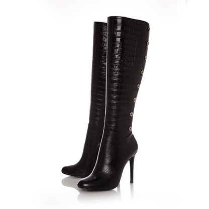Black Croco Vegan Leather Long Boots Metal Button Knee High Boots