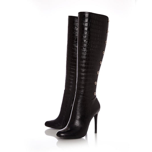 Black Croco Vegan Leather Long Boots Metal Button Knee High Boots