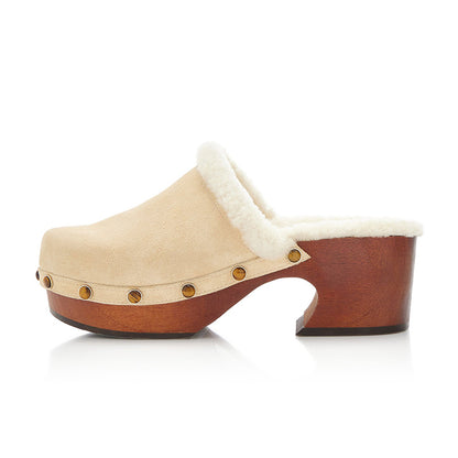 Beige Platform Mules Vintage Vegan Suede Block Heel Winter Clogs
