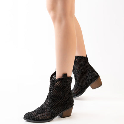 Women__ Classic Mid Block Heel Hollow-Out Black Western Boots
