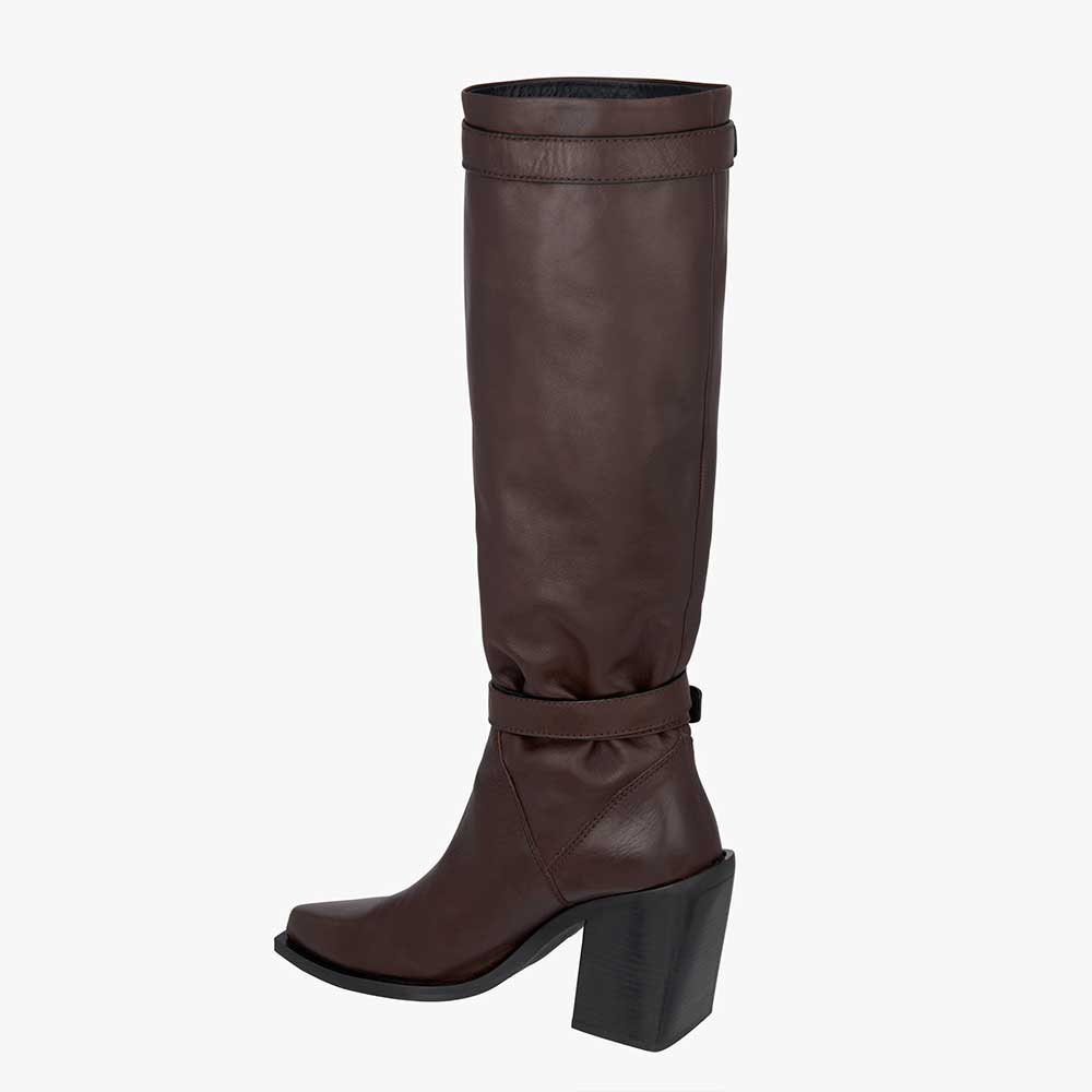Dark Brown Vegan Leather Pointed Toe 3__ Chunky Heel Knee High Boots