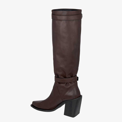 Dark Brown Vegan Leather Pointed Toe 3__ Chunky Heel Knee High Boots