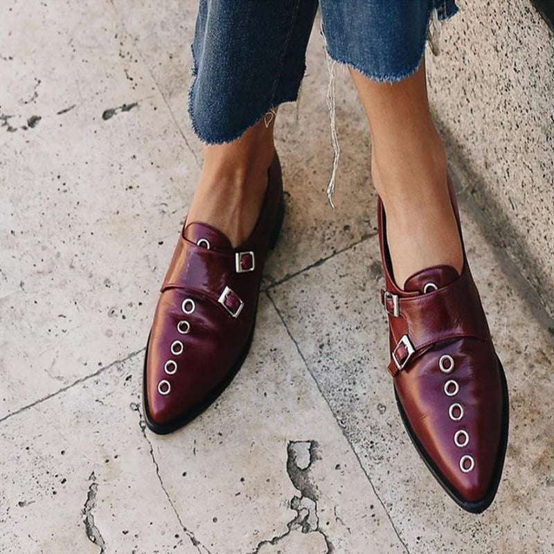 Burgundy Pointed Toe Women's Loafers Vintage Double Monk Strap Shoes
