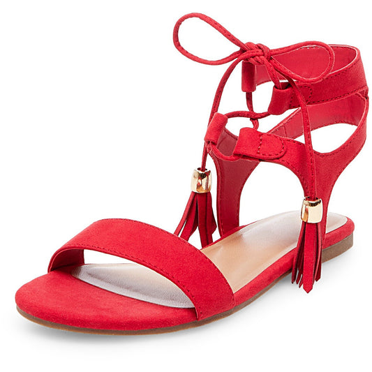 Red Lace Up Flats Open-Toe Gladiator Sandals with Tassels