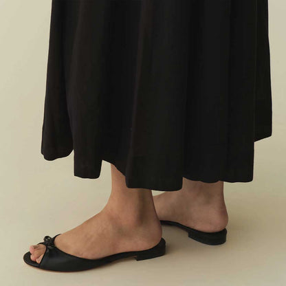 Black Vegan Leather Round Toe Bow Inlay Flat Comfy Lady's Slippers