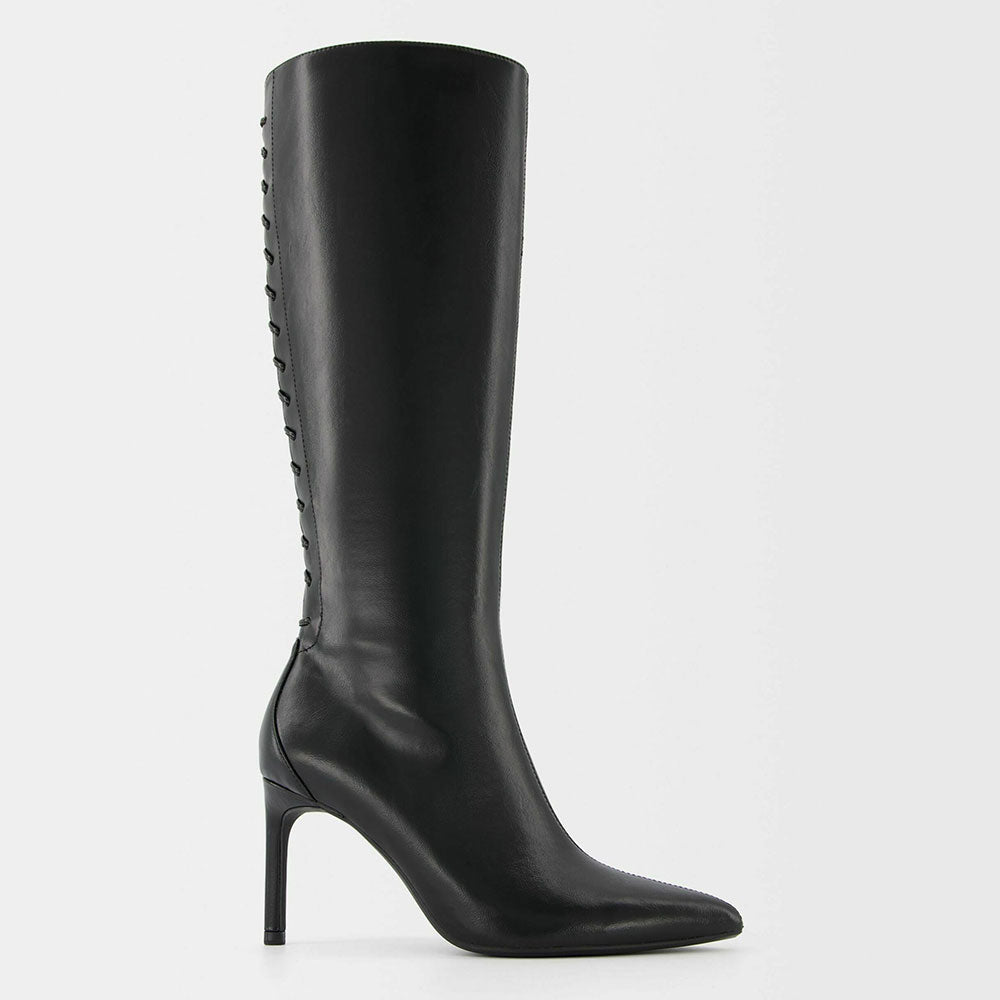 Black Pointed Toe Stiletto Heel Tie Detail Zipper Knee High Boots