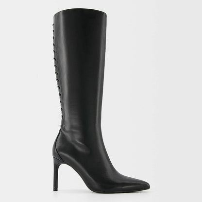Black Pointed Toe Stiletto Heel Tie Detail Zipper Knee High Boots