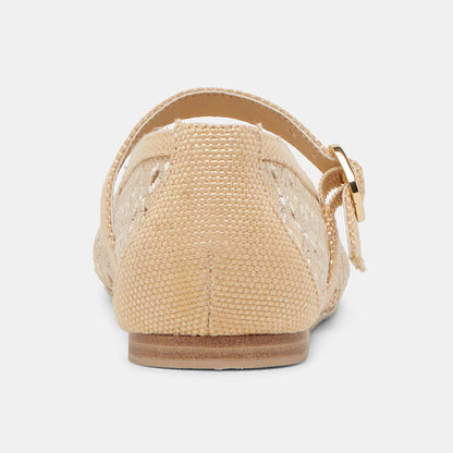 Beige Raffia Woven Square Toe Cut-Out Buckle Strap Ballet Flats