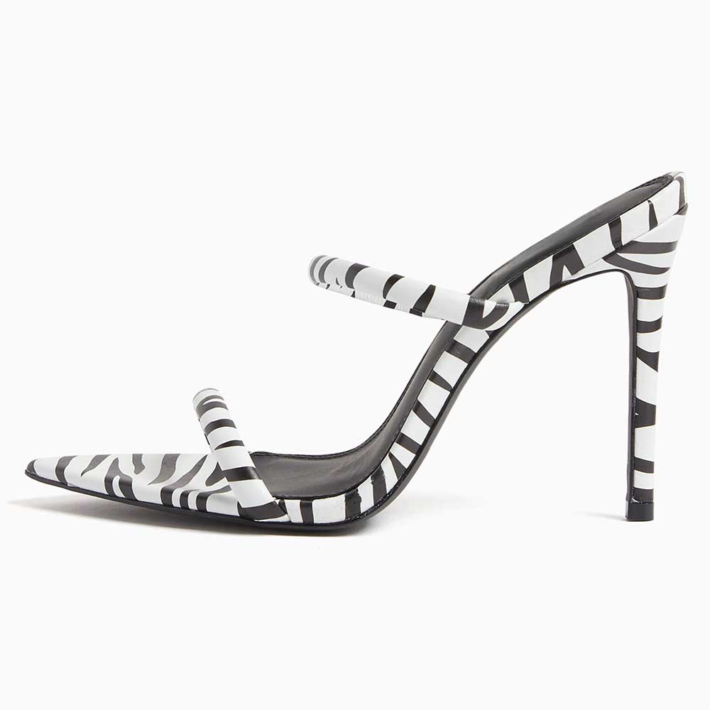 Black & White Zebra Print Pointy Toe Stiletto Heel Mules Sandals