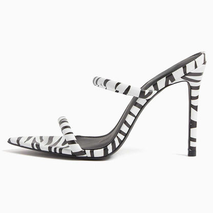 Black & White Zebra Print Pointy Toe Stiletto Heel Mules Sandals
