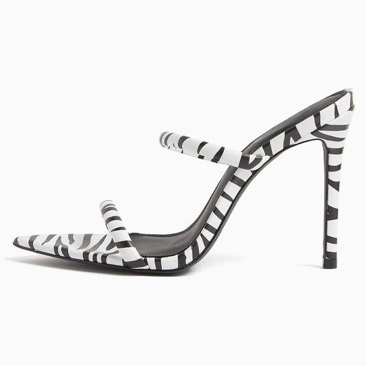 Black & White Zebra Print Pointy Toe Stiletto Heel Mules Sandals