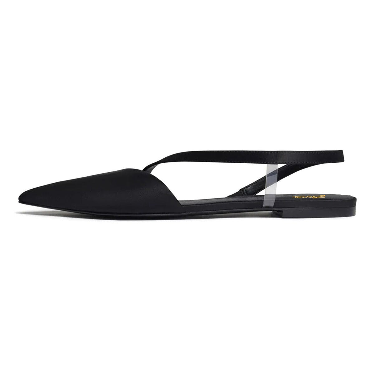 Satin Slip-On Clear PVC Strap Slingback Pointed Toe Flats in Black