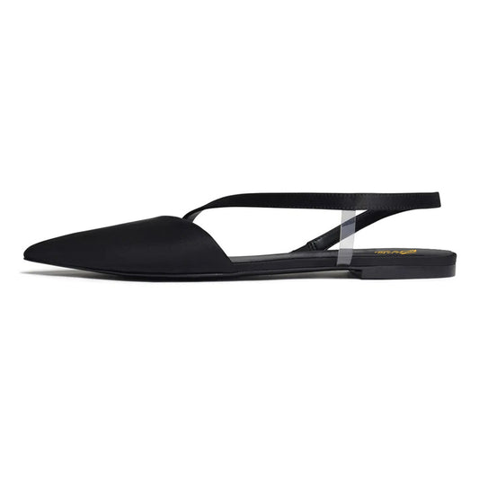 Satin Slip-On Clear PVC Strap Slingback Pointed Toe Flats in Black