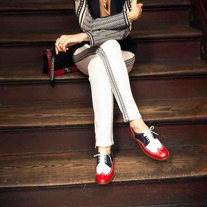 Women's Elegant Red & White Flats Lace Up Wingtip Shoes