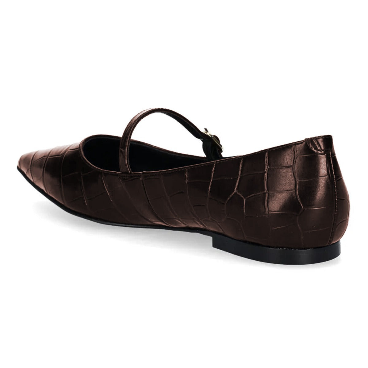 Chic Croc Embossed Buckle Strap Pointed Toe Flats in Brown