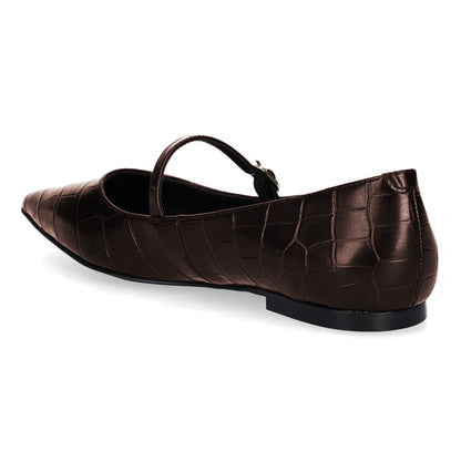 Chic Croc Embossed Buckle Strap Pointed Toe Flats in Brown