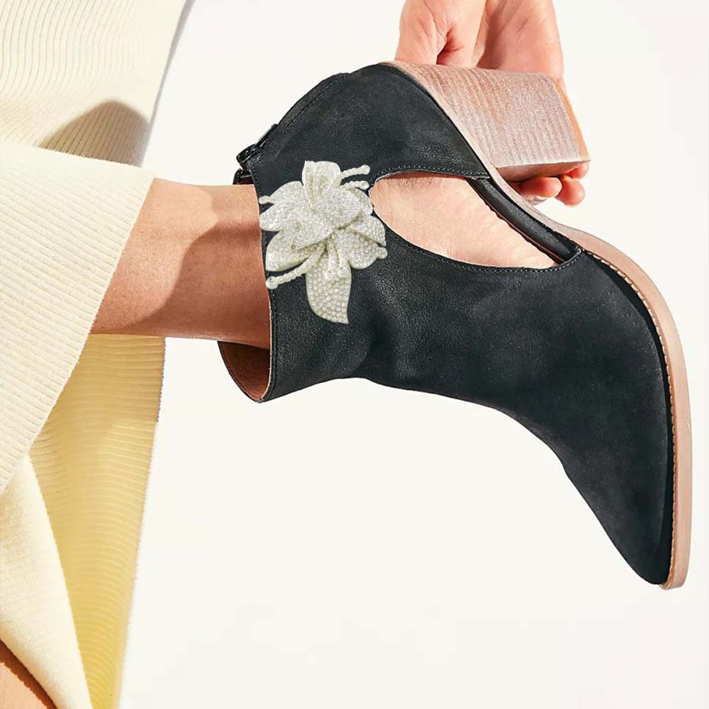 Black Pointed Toe Rhinestone Floral Chunky Heel Cut Out Ankle Boots