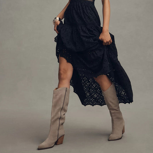 Taupe Pointed Toe Chunky Heel Side Zip Knee High Boots for Women