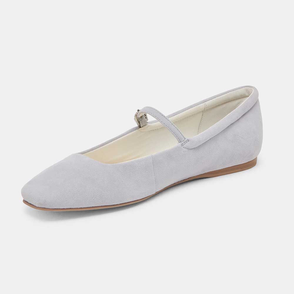 FSJ Gray Vegan Suede Square Toe Casual Flats with Buckle Strap