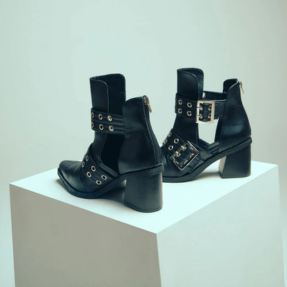 Black Mid Block Heel Cut-Out Pointed Toe Buckle Ankle Boots for Women