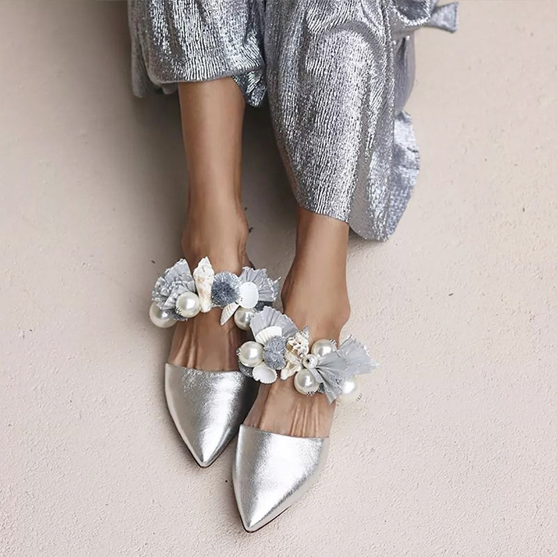 Silver Pointy Toe Flats Bridal Shoes Women's Party Mules