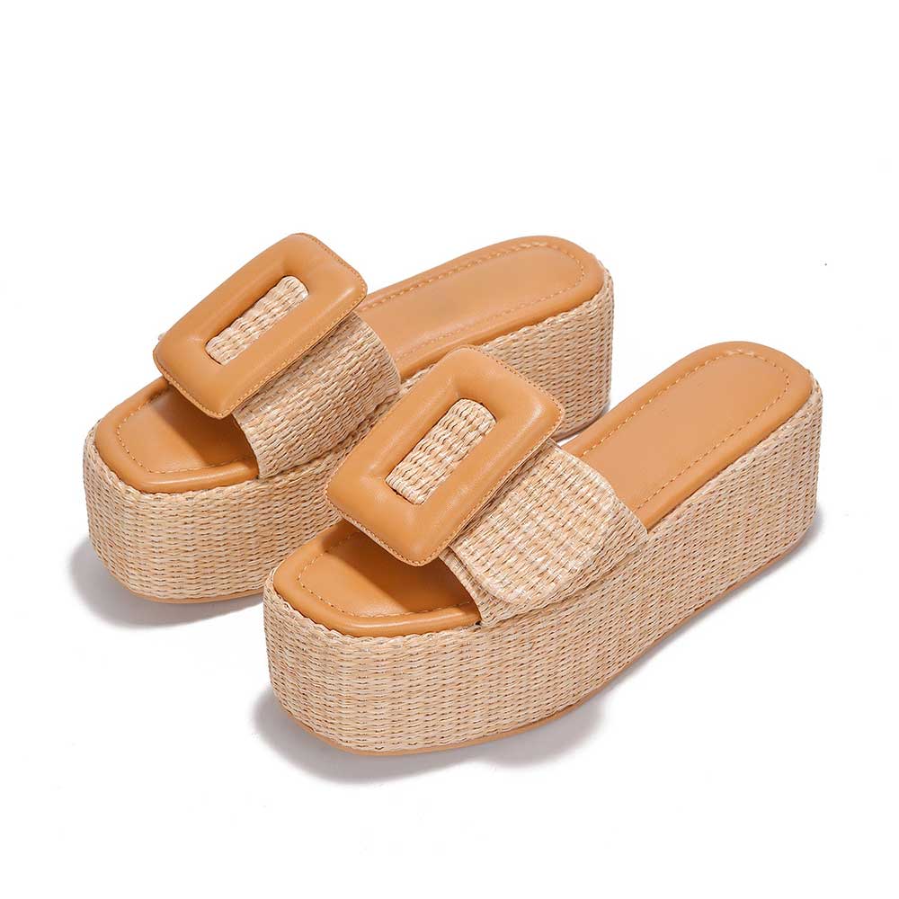 Nude Woven Platform Sandals Oversized Buckle Flat Slides Shoes