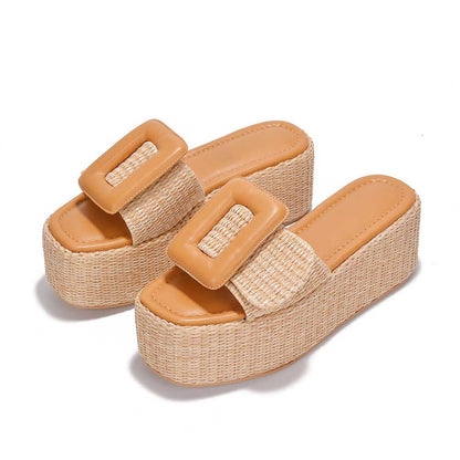 Nude Woven Platform Sandals Oversized Buckle Flat Slides Shoes