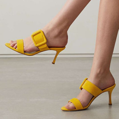 Yellow Vegan Suede Open Toe Buckle Strap Heeled Mules for Women